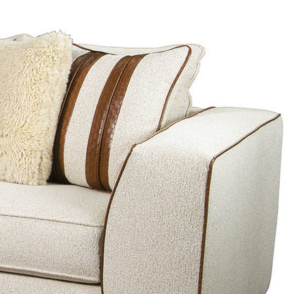 Elize Sofa with 5 Accent Pillows, 91 Inch, Solid Wood, Brown, Beige Boucle