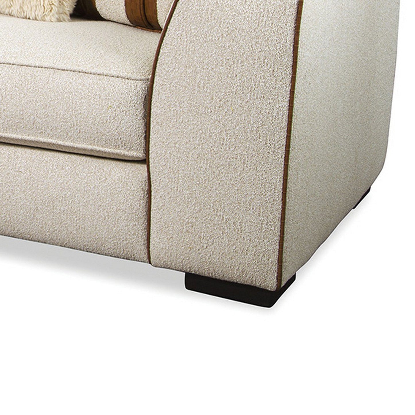 Elize Sofa with 5 Accent Pillows, 91 Inch, Solid Wood, Brown, Beige Boucle
