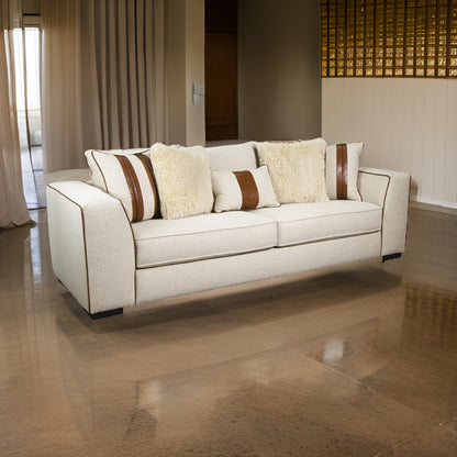 Elize Sofa with 5 Accent Pillows, 91 Inch, Solid Wood, Brown, Beige Boucle