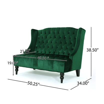 Emerald 50.25 Velvet Button Tufted High Wingback Loveseat Sofa with Wood Legs for Living Room