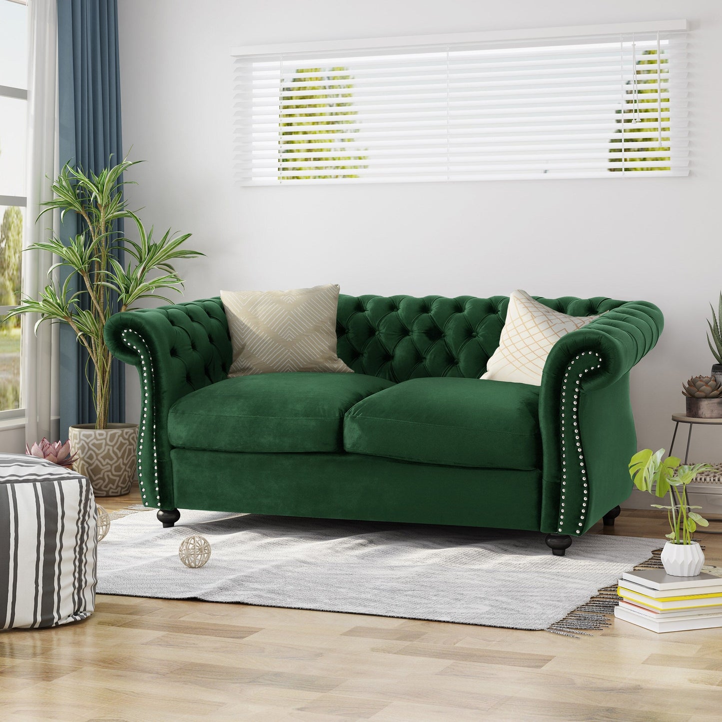 Emerald 61.75 Chesterfield Button Tufted Loveseat Sofa with Nailheads and Legs