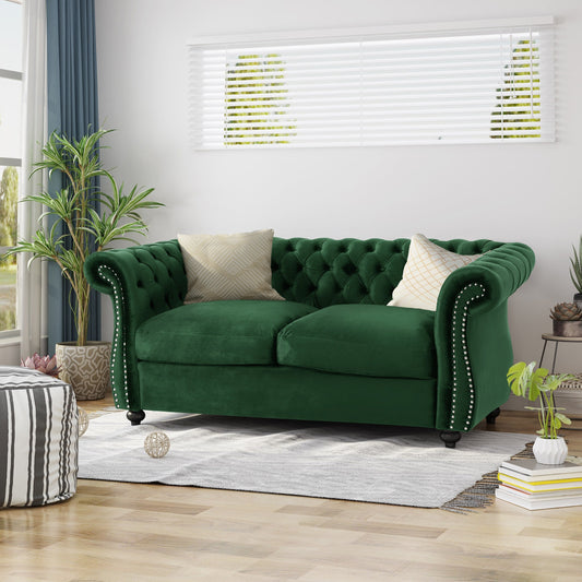 Emerald 61.75 Chesterfield Button Tufted Loveseat Sofa with Nailheads and Legs