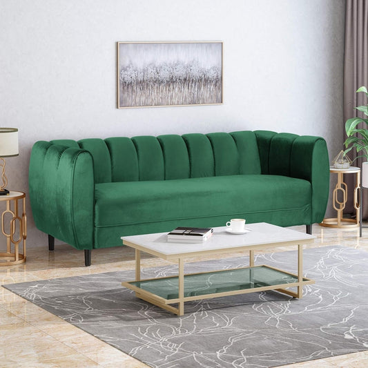 Emerald 83.25 Velvet Channel Tufted 3-seater Sofa with Birch Wood Legs for Living Room