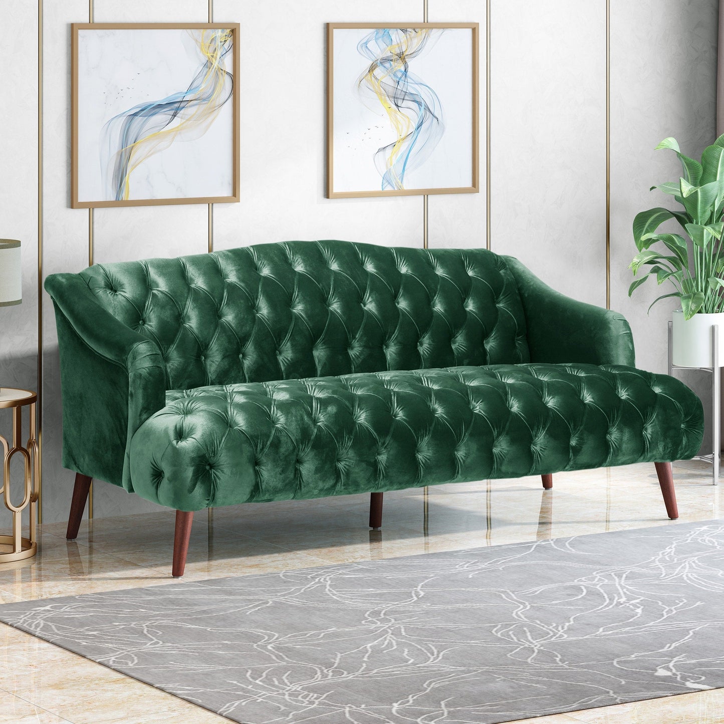 Emerald Button Tufted 3-seater Sofa with Birch Wood Legs