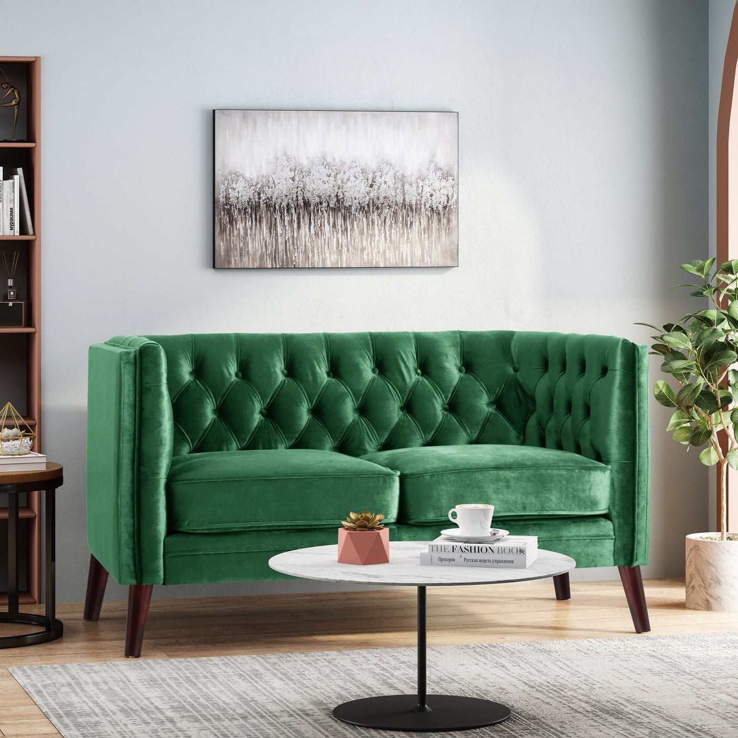 Emerald Loveseat Button Tufted Sofa with Wood Legs