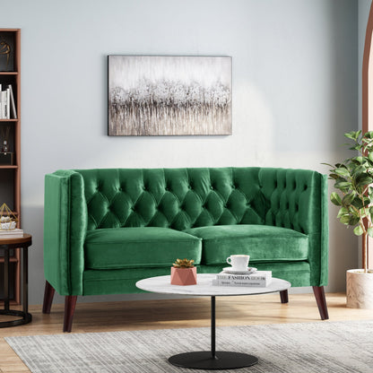 Emerald Loveseat Button Tufted Sofa with Wood Legs