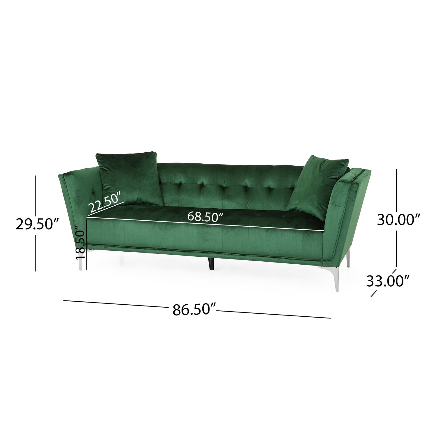 Emerald Velvet 3-seater Sofa with Pillows and Sturdy Frame
