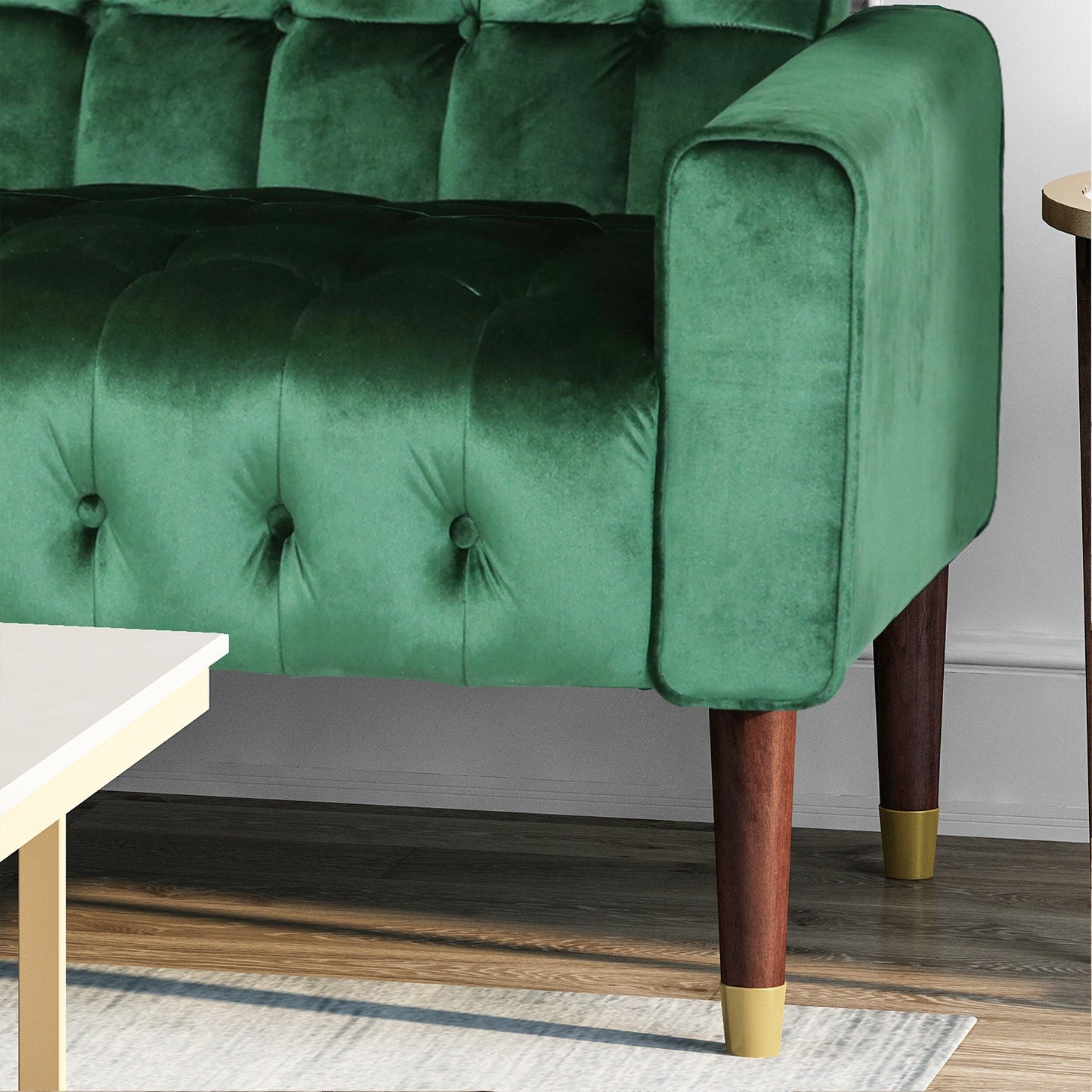 Emerald Velvet Button Tufted 3-seater Sofa with Birch Wood Legs