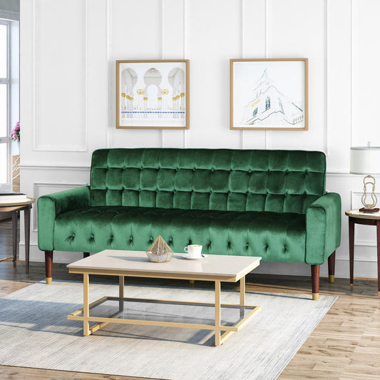 Emerald Velvet Button Tufted 3-seater Sofa with Birch Wood Legs