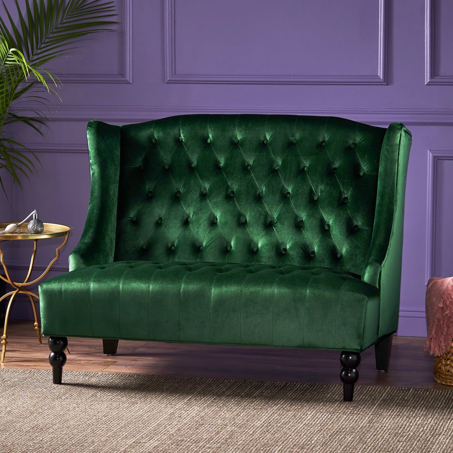 Emerald Velvet Button Tufted High Wingback Loveseat Sofa