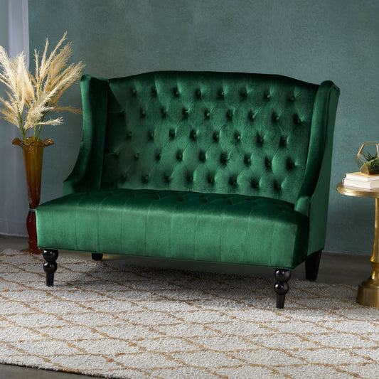 Emerald Velvet Button Tufted High Wingback Loveseat Sofa