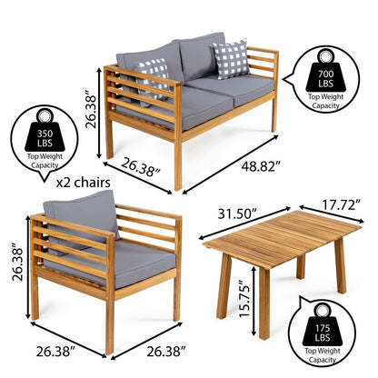 Everly 4-Piece Mid-Century Modern Acacia Wood Outdoor Patio Set with Cushions and Plaid Decorative Pillows, by JONATHAN Y