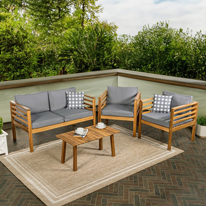 Everly 4-Piece Mid-Century Modern Acacia Wood Outdoor Patio Set with Cushions and Plaid Decorative Pillows, by JONATHAN Y