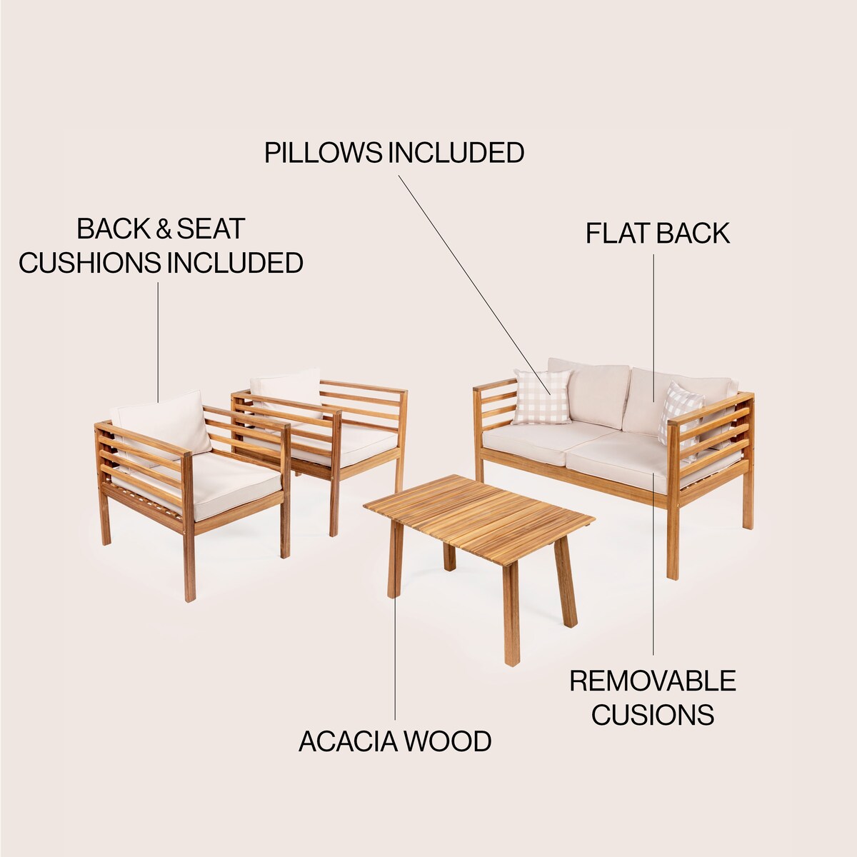 Everly 4-Piece Mid-Century Modern Acacia Wood Outdoor Patio Set with Cushions and Plaid Decorative Pillows, by JONATHAN Y