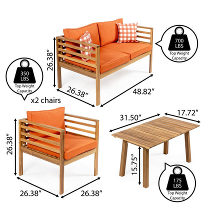 Everly 4-Piece Mid-Century Modern Acacia Wood Outdoor Patio Set with Cushions and Plaid Decorative Pillows, by JONATHAN Y