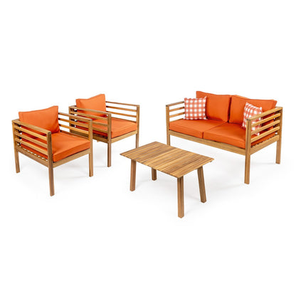 Everly 4-Piece Mid-Century Modern Acacia Wood Outdoor Patio Set with Cushions and Plaid Decorative Pillows, by JONATHAN Y