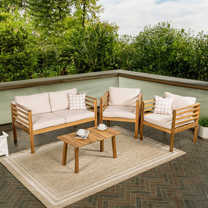 Everly 4-Piece Mid-Century Modern Acacia Wood Outdoor Patio Set with Cushions and Plaid Decorative Pillows, by JONATHAN Y