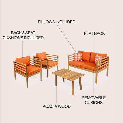 Everly 4-Piece Mid-Century Modern Acacia Wood Outdoor Patio Set with Cushions and Plaid Decorative Pillows, by JONATHAN Y