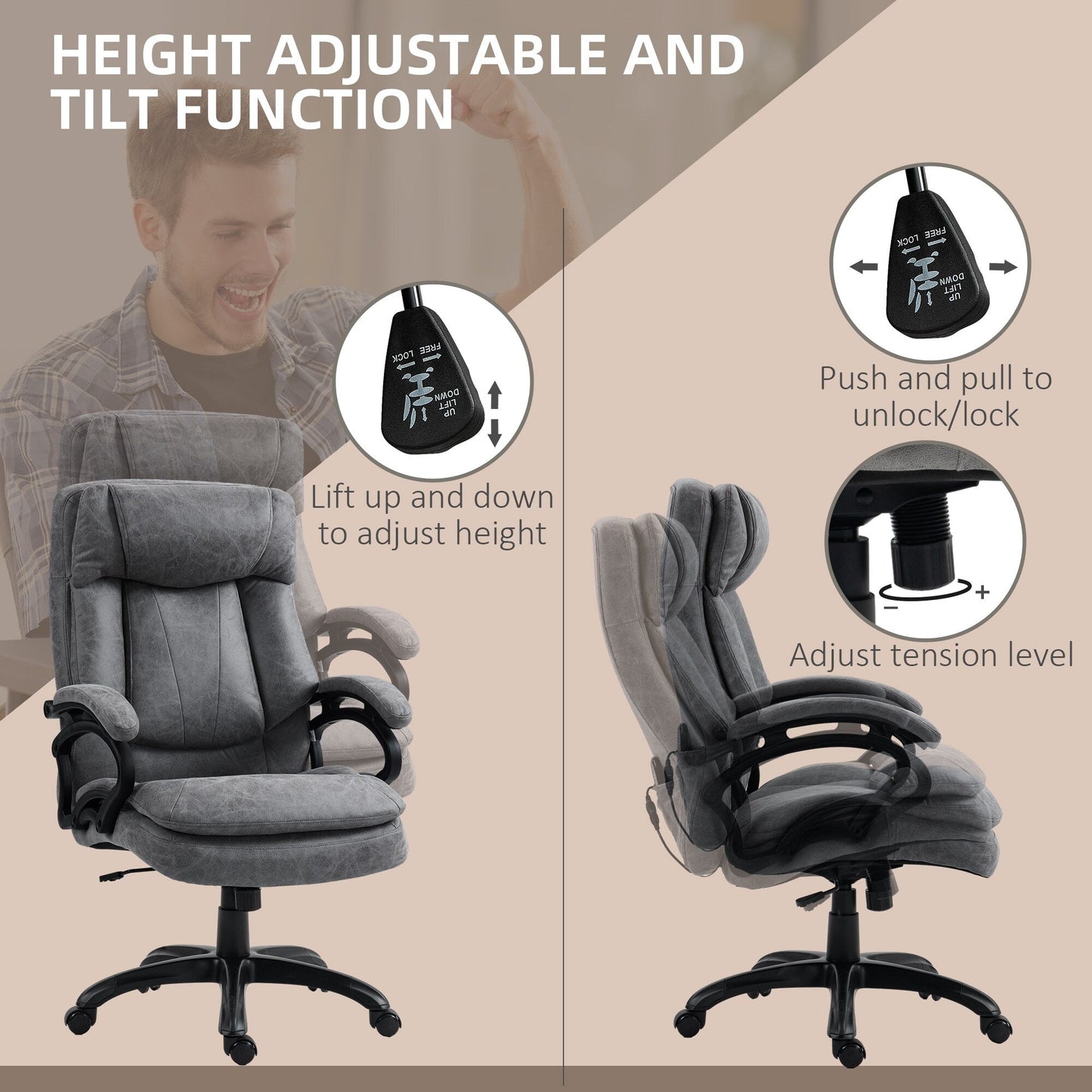 Executive Massage Office Chair Adjustable Backrest Rolling Armchair with Lumbar Heating and Remote Control