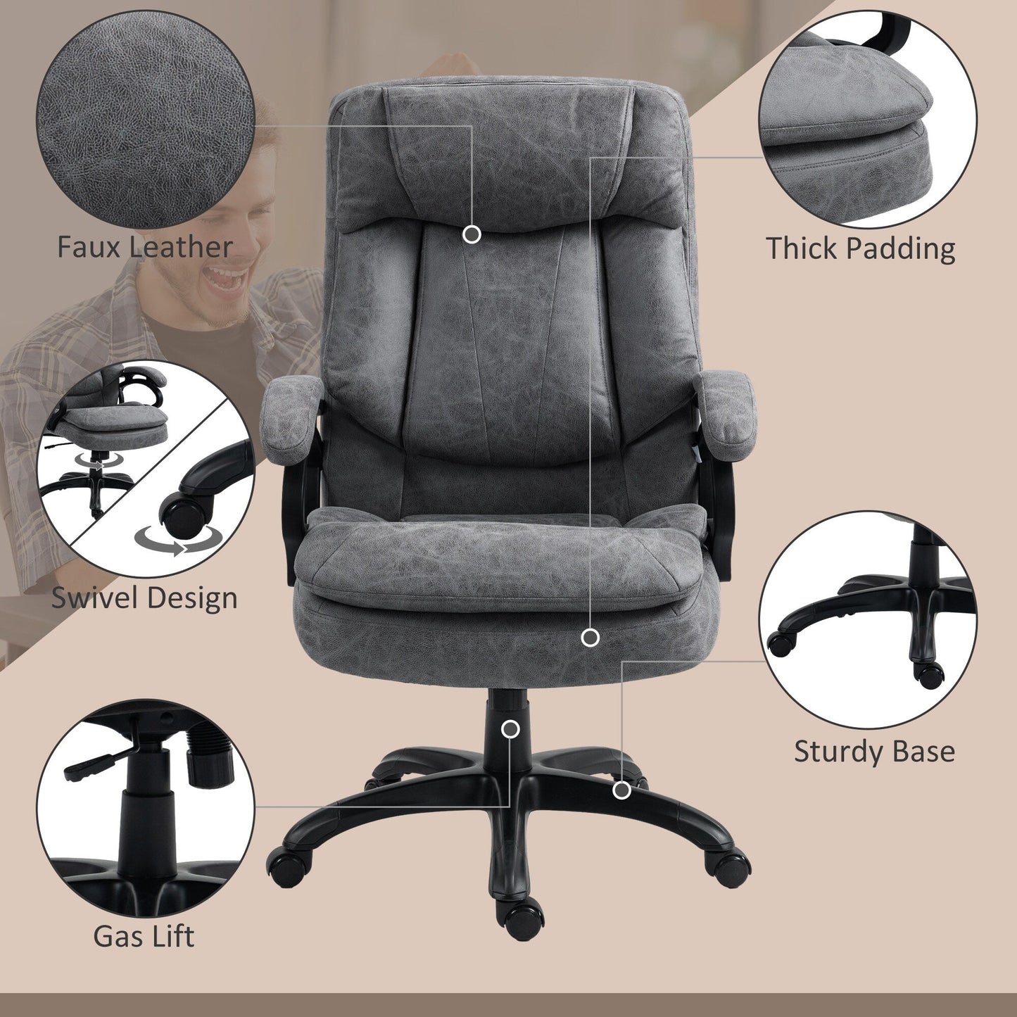 Executive Massage Office Chair Adjustable Backrest Rolling Armchair with Lumbar Heating and Remote Control