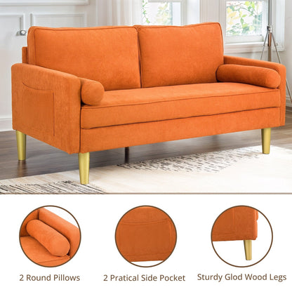 Exquisite 65 in. Orange Polyester 2-Seater Loveseat with Side Pockets and Round Pillows - 65 in