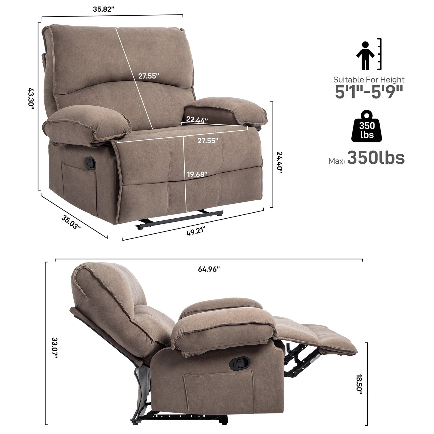 Extra Wide Push-Back Recliner Chair with Massage Heated Pillow, Soft Fleece Upholstery