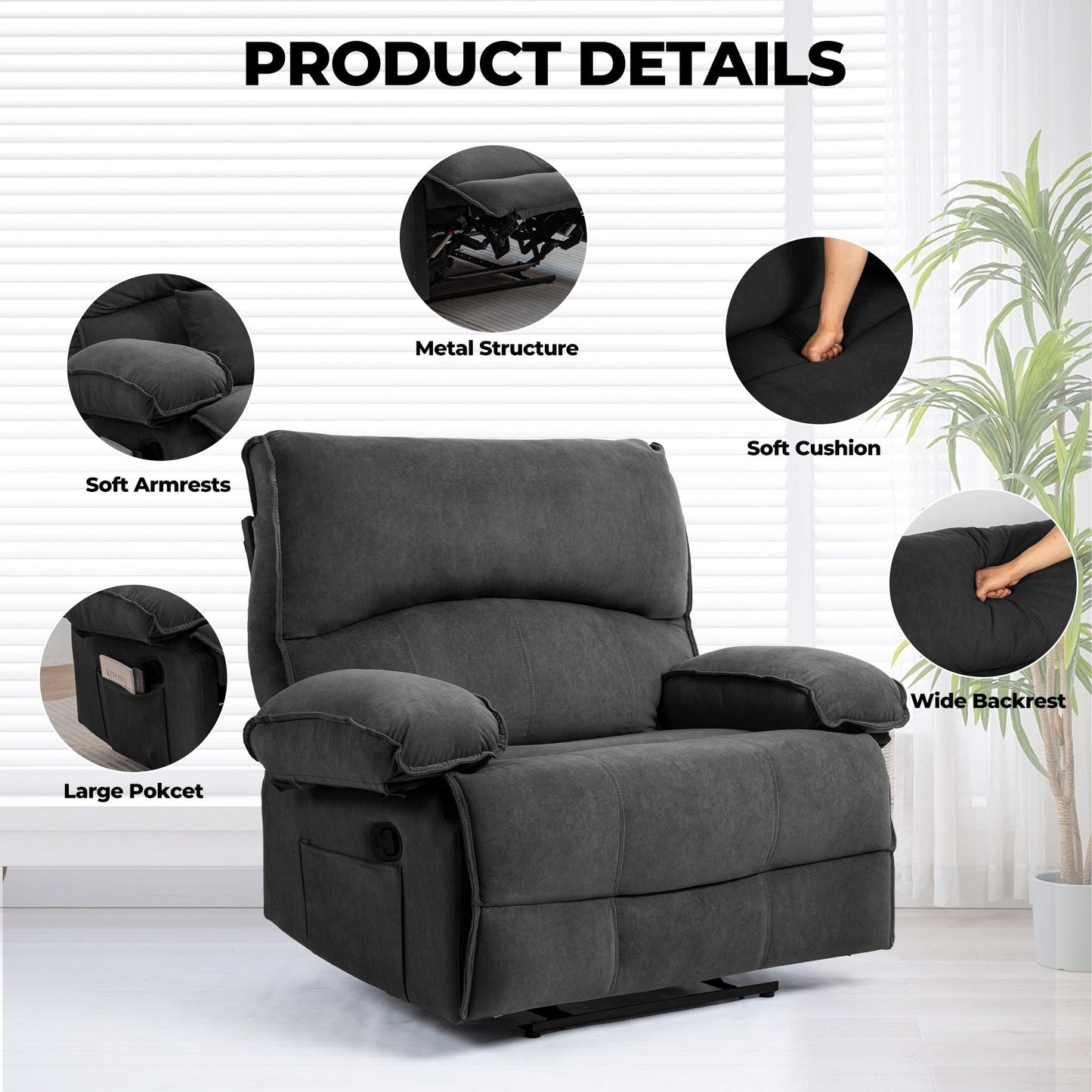 Extra-Wide Push-Back Recliner with Heated Massage Pillow and Plush Fleece Upholstery