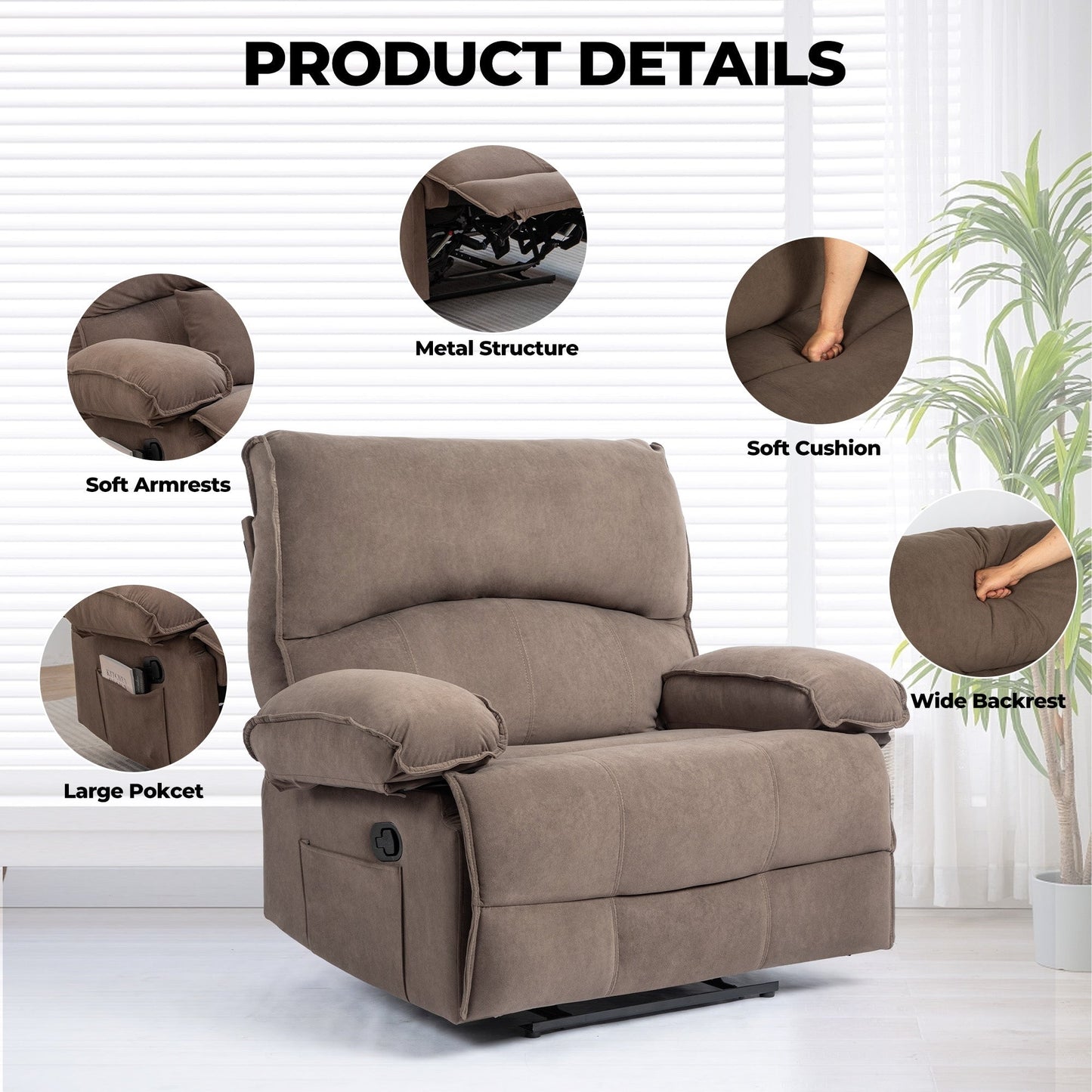 Extra-Wide Push-Back Recliner with Heated Massage Pillow and Plush Fleece Upholstery