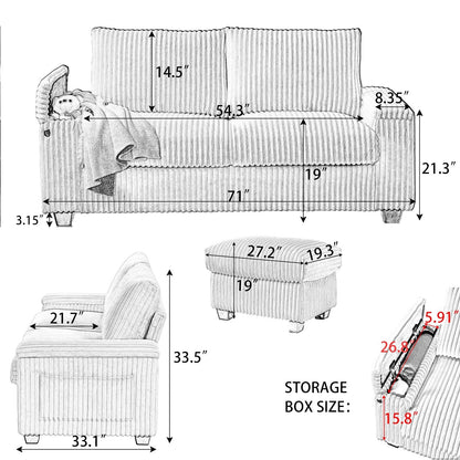 Fabric Loveseat Sofa with Storage Armrest and USB