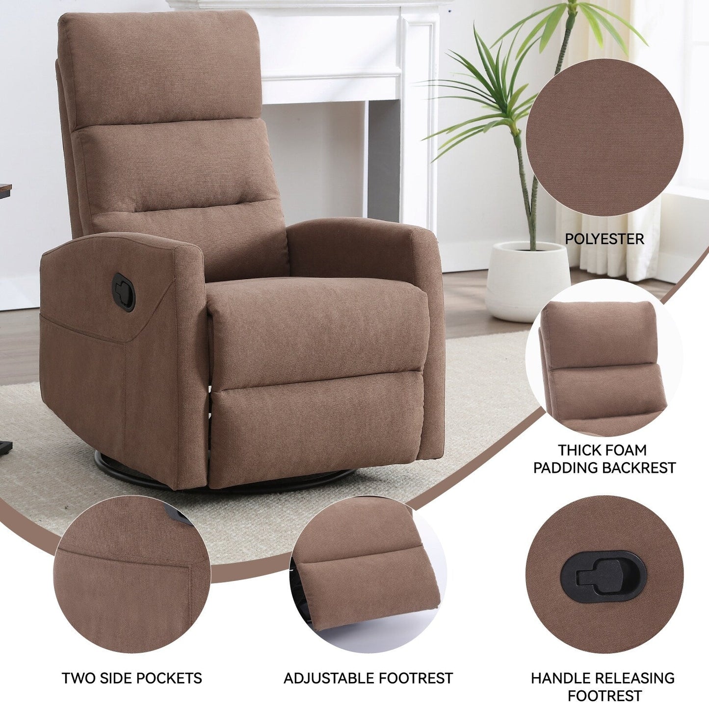 Fabric Manual Recliner Chair 360° Swivel Chair with Rocker and Footrest, Armchair with Adjustable Backrest Pedals