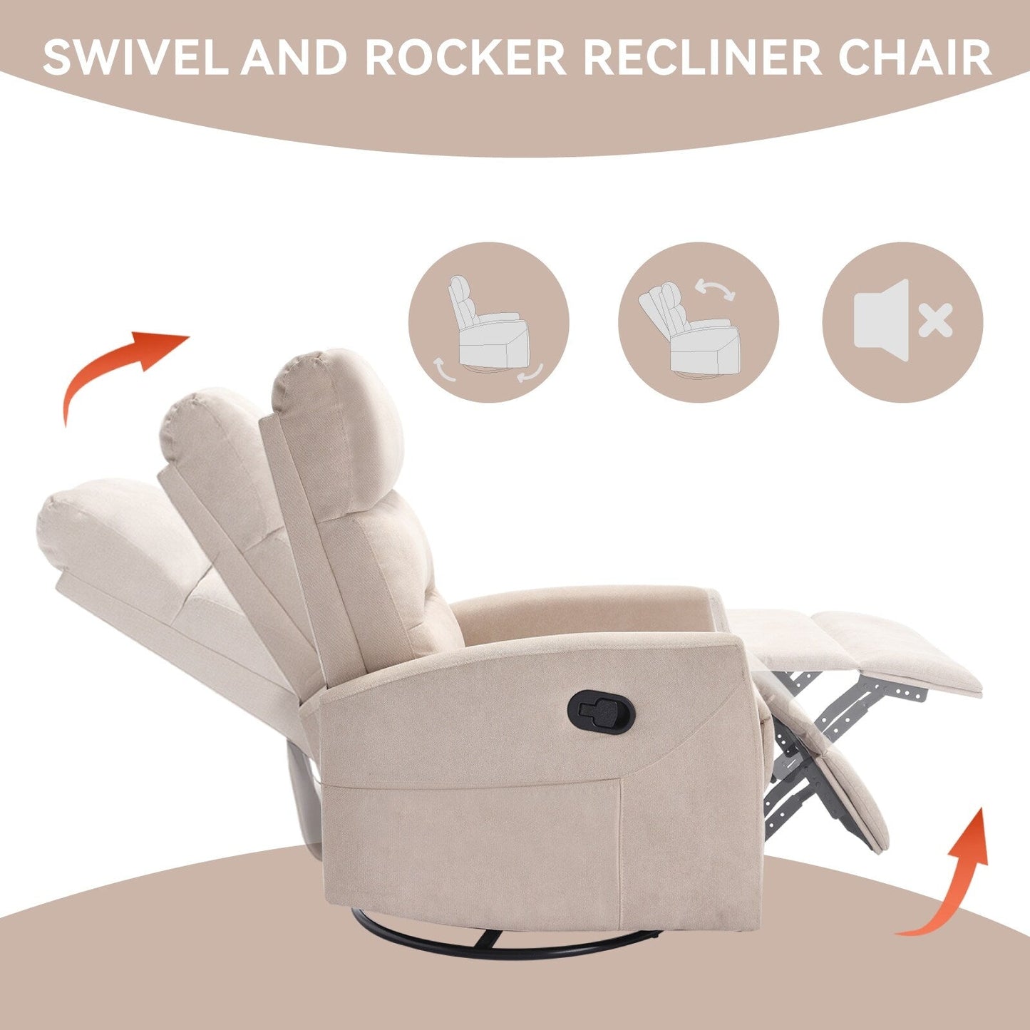Fabric Manual Recliner Chair 360° Swivel Chair with Rocker and Footrest, Armchair with Adjustable Backrest Pedals