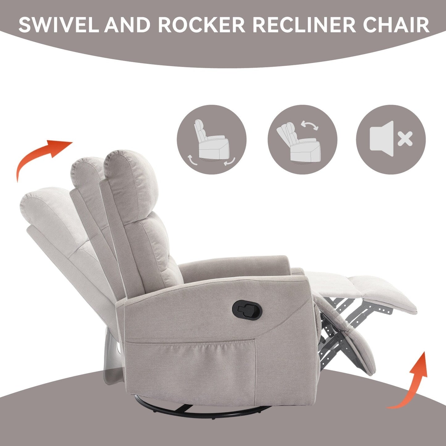 Fabric Manual Recliner Chair 360° Swivel Chair with Rocker and Footrest, Armchair with Adjustable Backrest Pedals