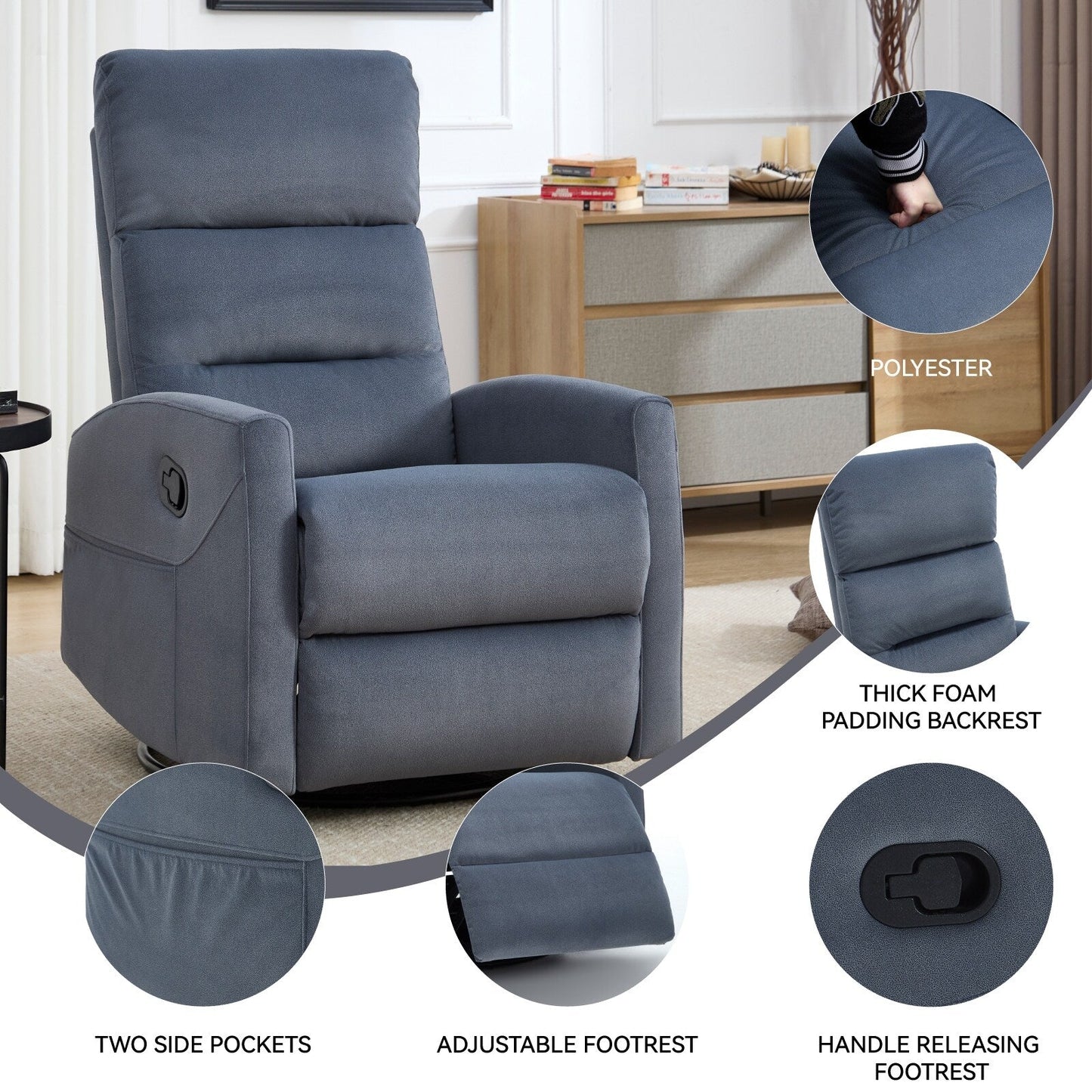 Fabric Manual Recliner Chair 360° Swivel Chair with Rocker and Footrest, Armchair with Adjustable Backrest Pedals