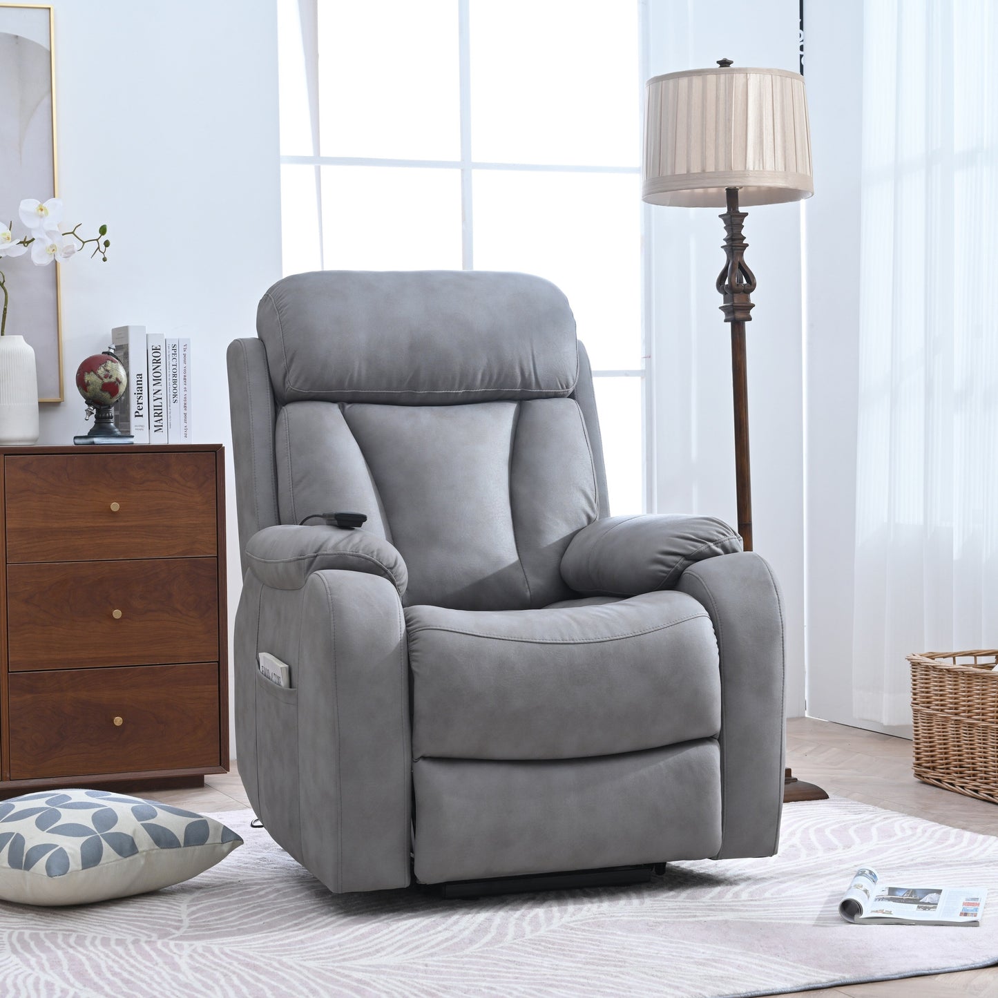 Fabric Power Lift Recliner Chair for Elderly, with Remote Control, Overstuffed Cushion, Side Pocket, and Heavy-Duty Frame
