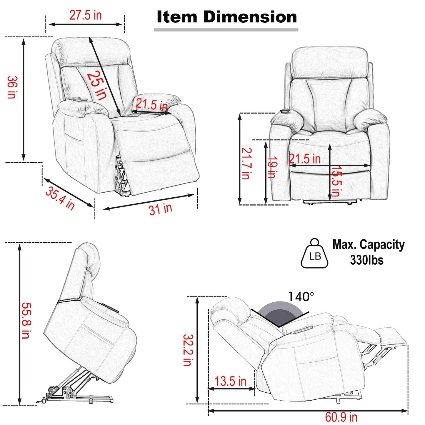 Fabric Power Lift Recliner Chair for Elderly, with Remote Control, Overstuffed Cushion, Side Pocket, and Heavy-Duty Frame