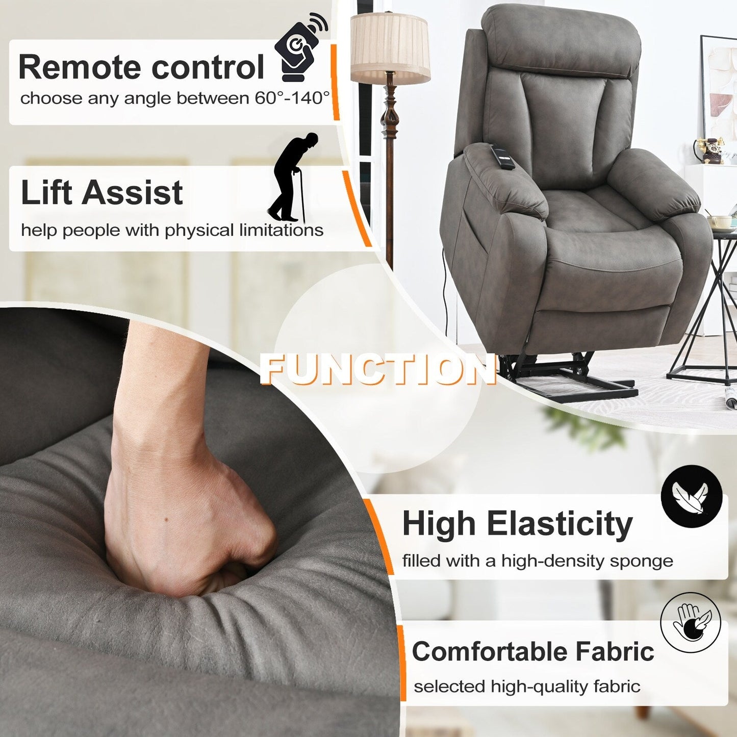 Fabric Power Lift Recliner Chair for Elderly, with Remote Control, Overstuffed Cushion, Side Pocket, and Heavy-Duty Frame