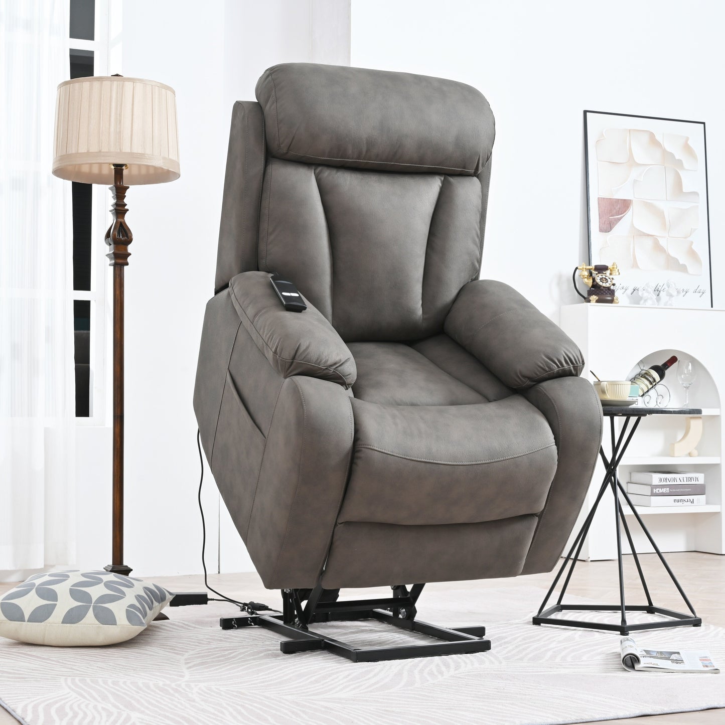 Fabric Power Lift Recliner Chair for Elderly, with Remote Control, Overstuffed Cushion, Side Pocket, and Heavy-Duty Frame