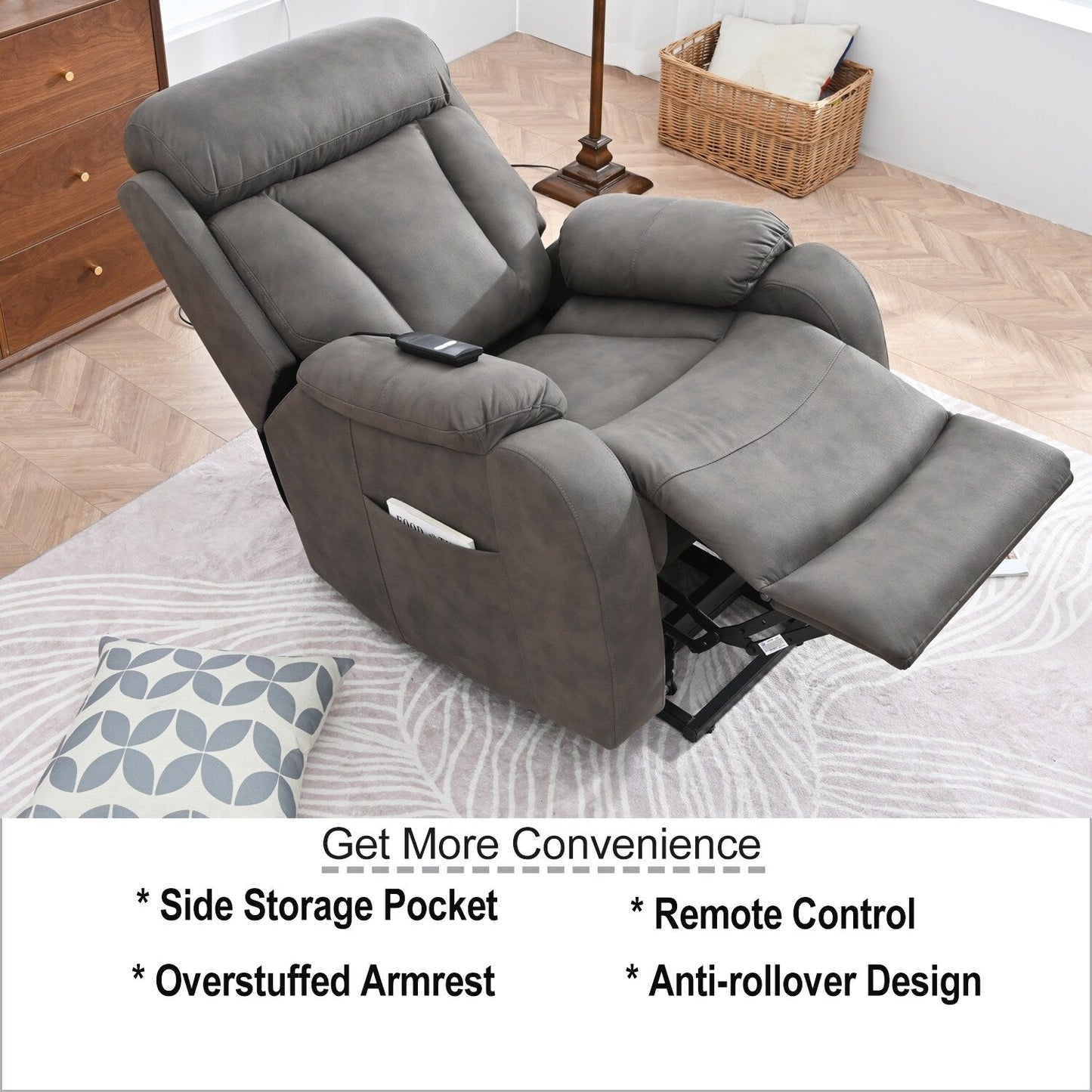 Fabric Power Lift Recliner Chair for Elderly, with Remote Control, Overstuffed Cushion, Side Pocket, and Heavy-Duty Frame