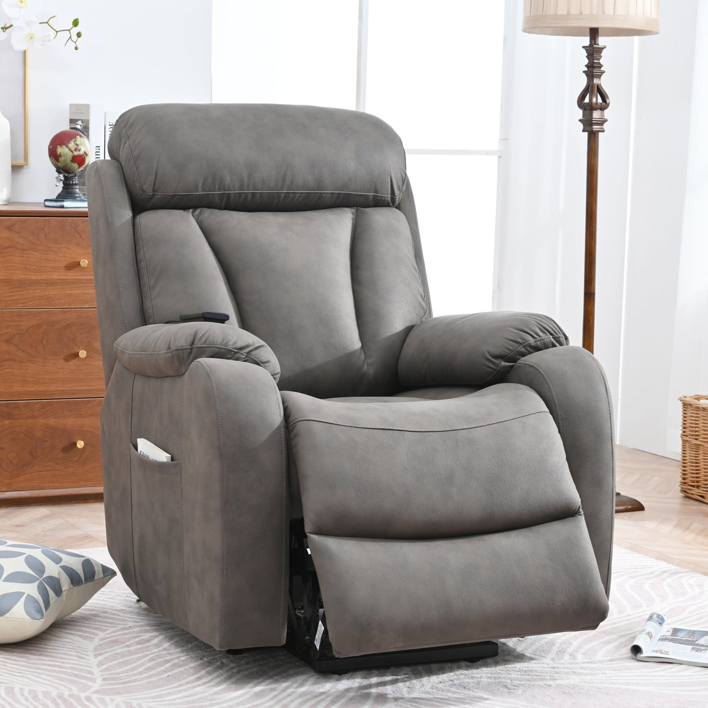 Fabric Power Lift Recliner Chair for Elderly, with Remote Control, Overstuffed Cushion, Side Pocket, and Heavy-Duty Frame