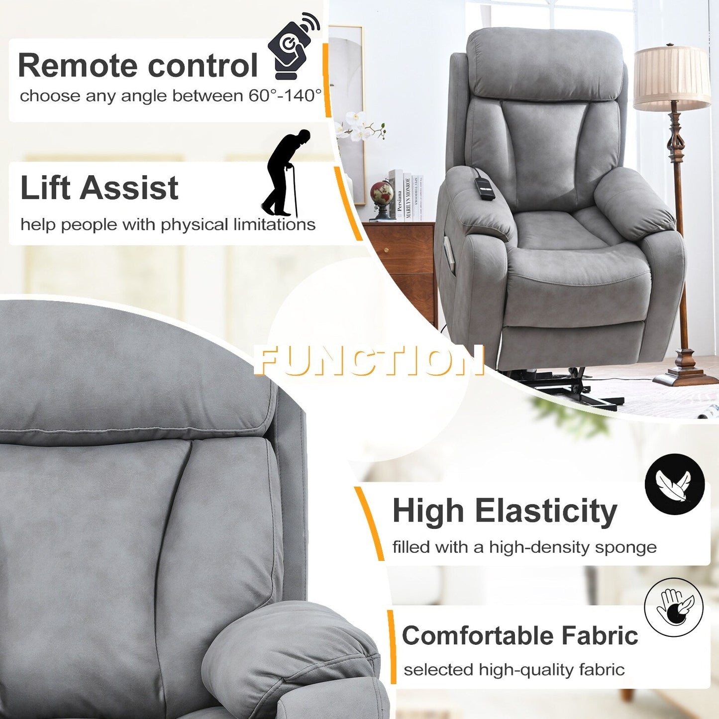 Fabric Power Lift Recliner Chair for Elderly, with Remote Control, Overstuffed Cushion, Side Pocket, and Heavy-Duty Frame