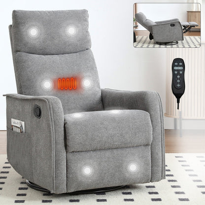 Fabric Recliner Chair with Heat, Massage, 360° Swivel Base, Adjustable Backrest, and Lumbar Support for Living Room Comfort