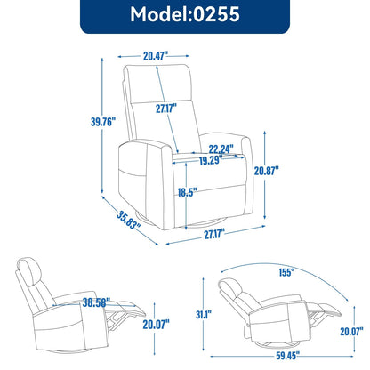 Fabric Recliner Chair with Heat, Massage, 360° Swivel Base, Adjustable Backrest, and Lumbar Support for Living Room Comfort