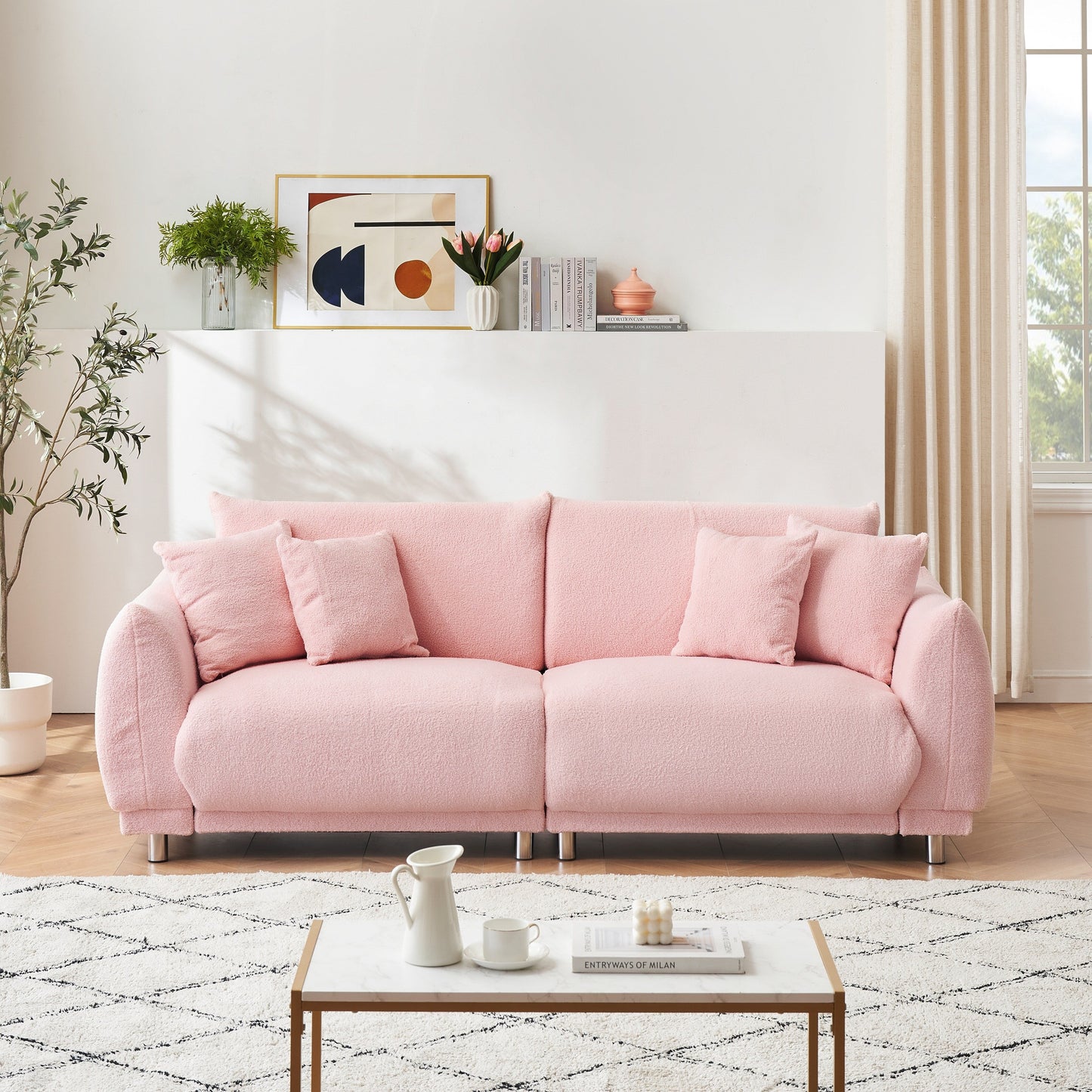 Fabric Sofa Tufted Couch, Upholstered Deep Seat Sofa with 4 Throw Pillows, Modern Lounge Couch with Round Metal Legs