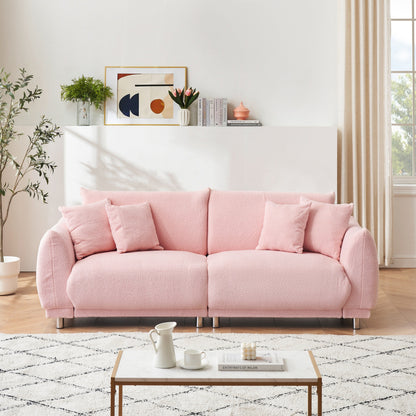 Fabric Sofa Tufted Couch, Upholstered Deep Seat Sofa with 4 Throw Pillows, Modern Lounge Couch with Round Metal Legs