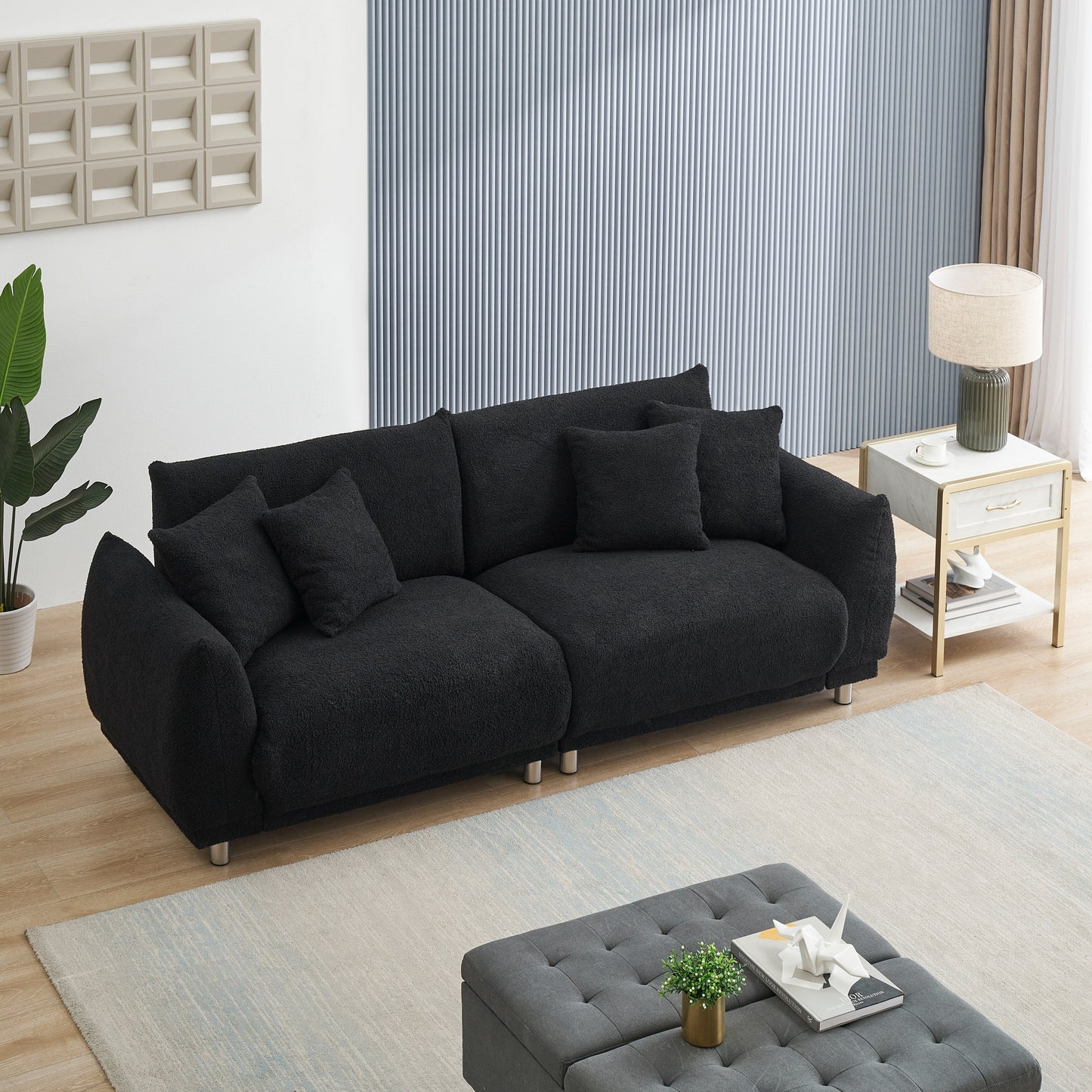 Fabric Sofa Tufted Couch, Upholstered Deep Seat Sofa with 4 Throw Pillows, Modern Lounge Couch with Round Metal Legs