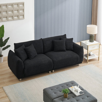 Fabric Sofa Tufted Couch, Upholstered Deep Seat Sofa with 4 Throw Pillows, Modern Lounge Couch with Round Metal Legs