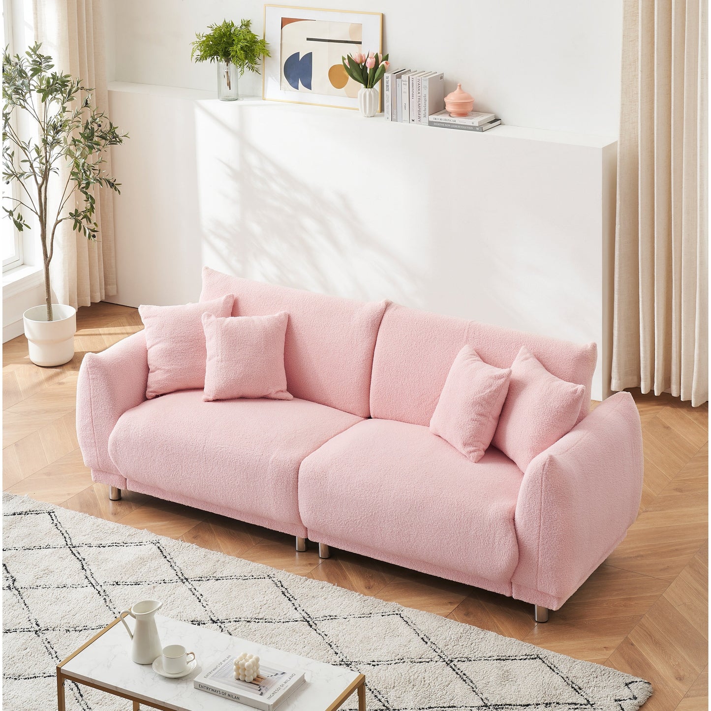 Fabric Sofa Tufted Couch, Upholstered Deep Seat Sofa with 4 Throw Pillows, Modern Lounge Couch with Round Metal Legs