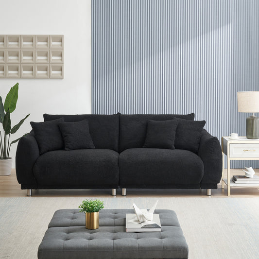 Fabric Sofa Tufted Couch, Upholstered Deep Seat Sofa with 4 Throw Pillows, Modern Lounge Couch with Round Metal Legs
