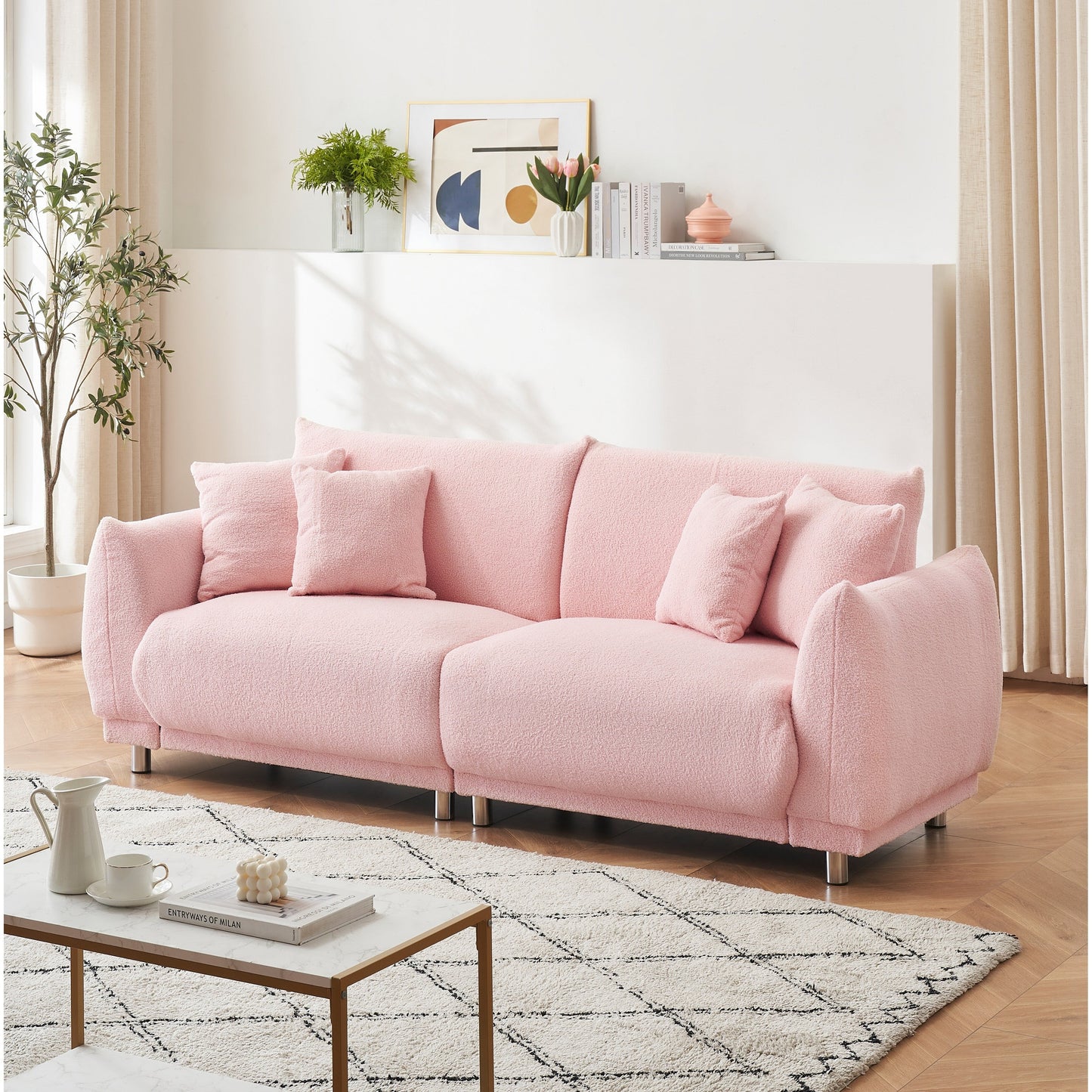 Fabric Sofa Tufted Couch, Upholstered Deep Seat Sofa with 4 Throw Pillows, Modern Lounge Couch with Round Metal Legs