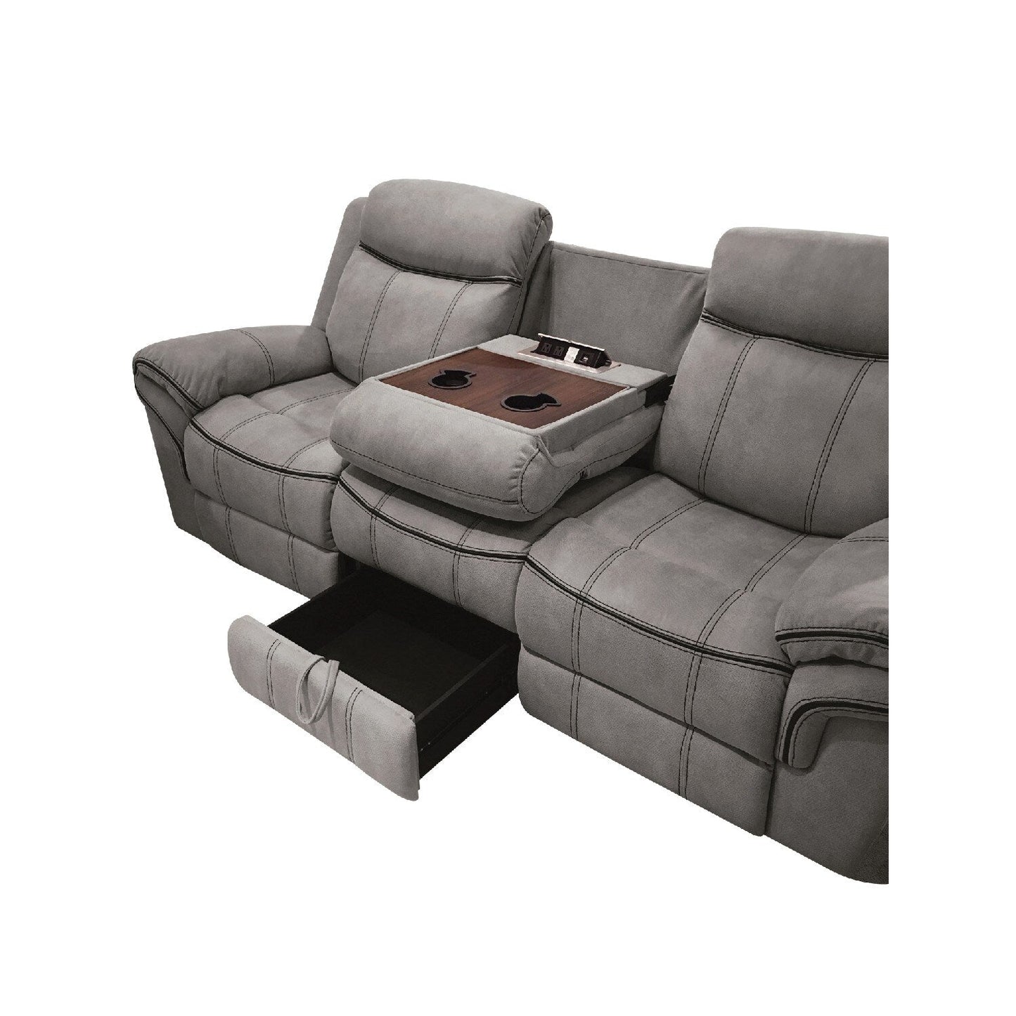 Fabric Upholstered Motion Sofa with Console and Cup Holder, Gray